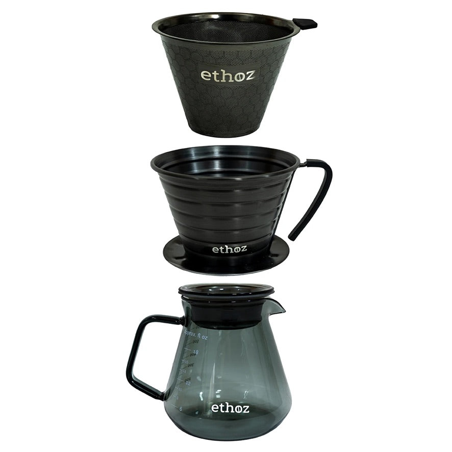 Set of black coffee filters for single cup Drip Coffee making with 'ethoz' branding on a white background