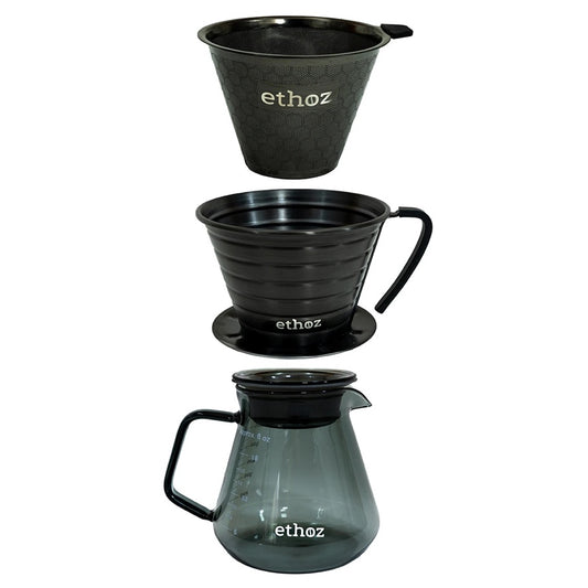 Set of black coffee filters for single cup Drip Coffee making with 'ethoz' branding on a white background