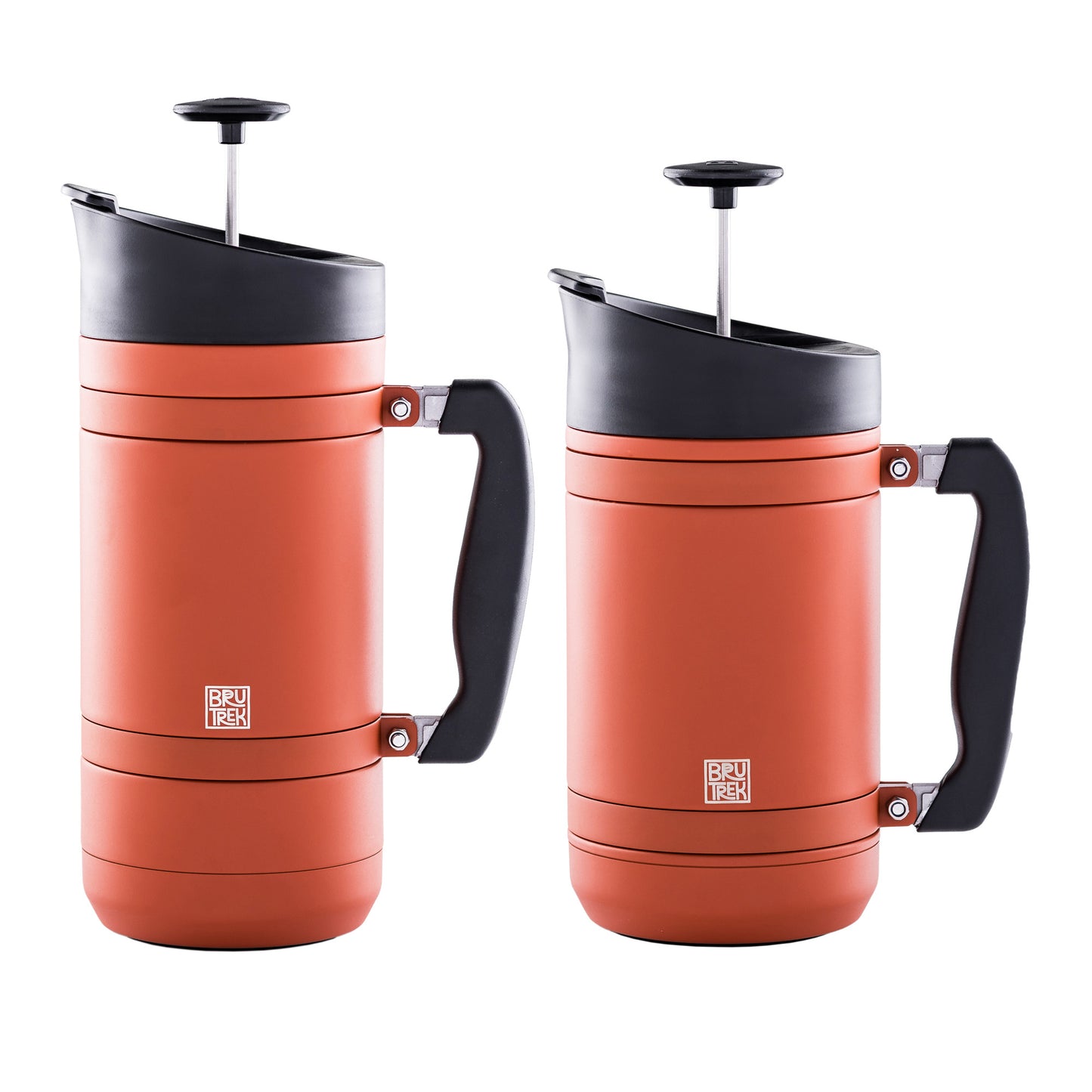 Two sizes of orange French press coffee makers with black lids and handles on a white background