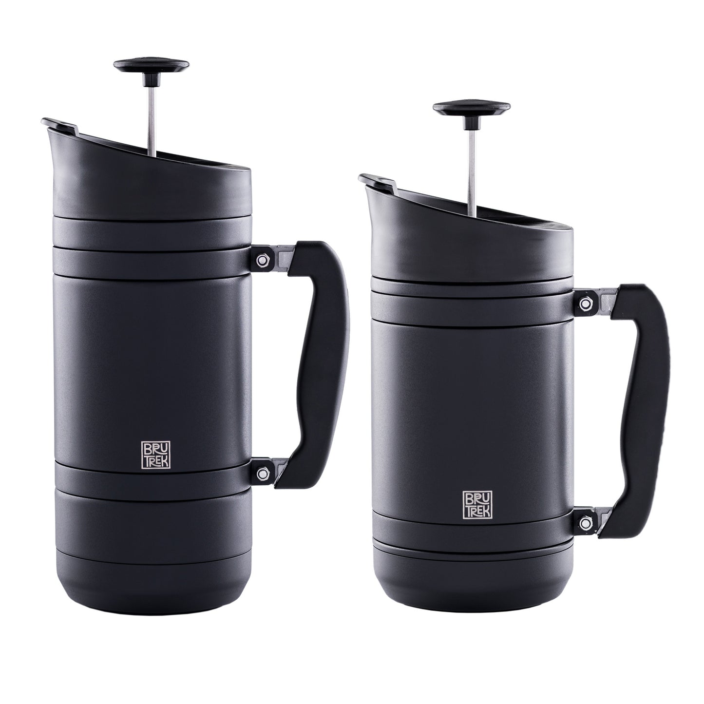 Two sizes of black travel French press coffee makers with a visible BruTrek logo on a white background