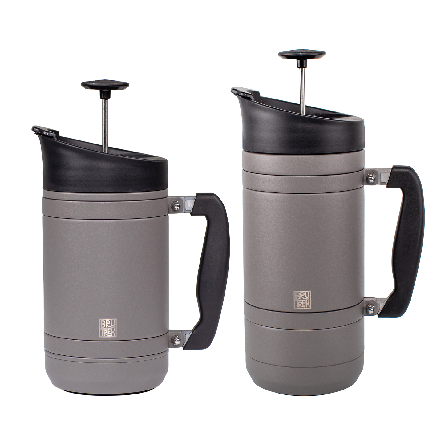 Two sizes of gray insulated travel French Presses , with black lids and handles, on a white background.