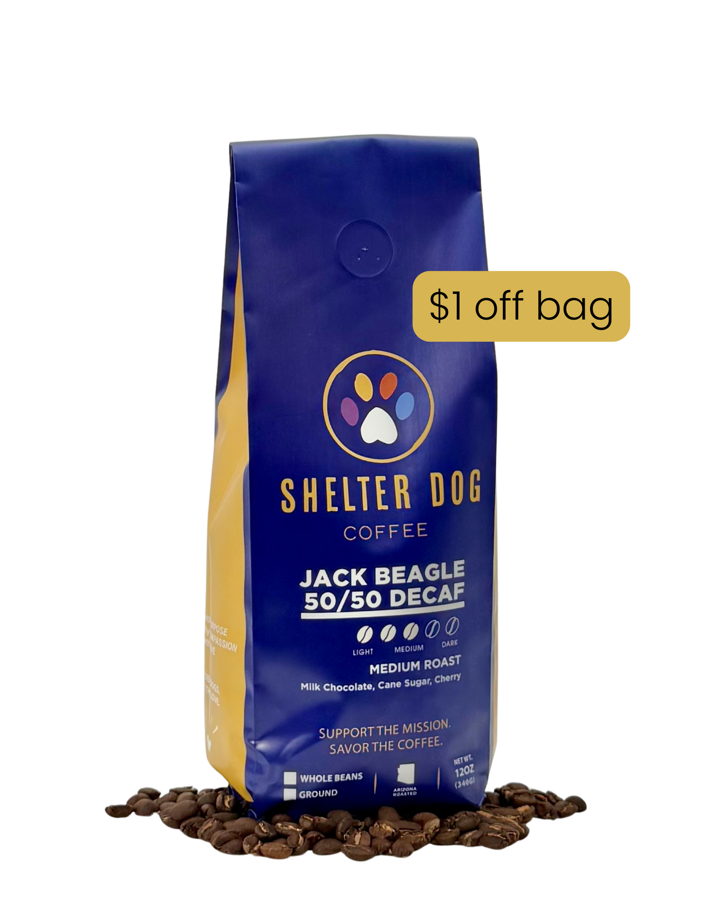 12oz bag of JackBeagle 50/50 Decaf- a medium roast blend of Colombia Decaf and from Shelter Dog Coffee, showing $1 discount off bag with subscription.