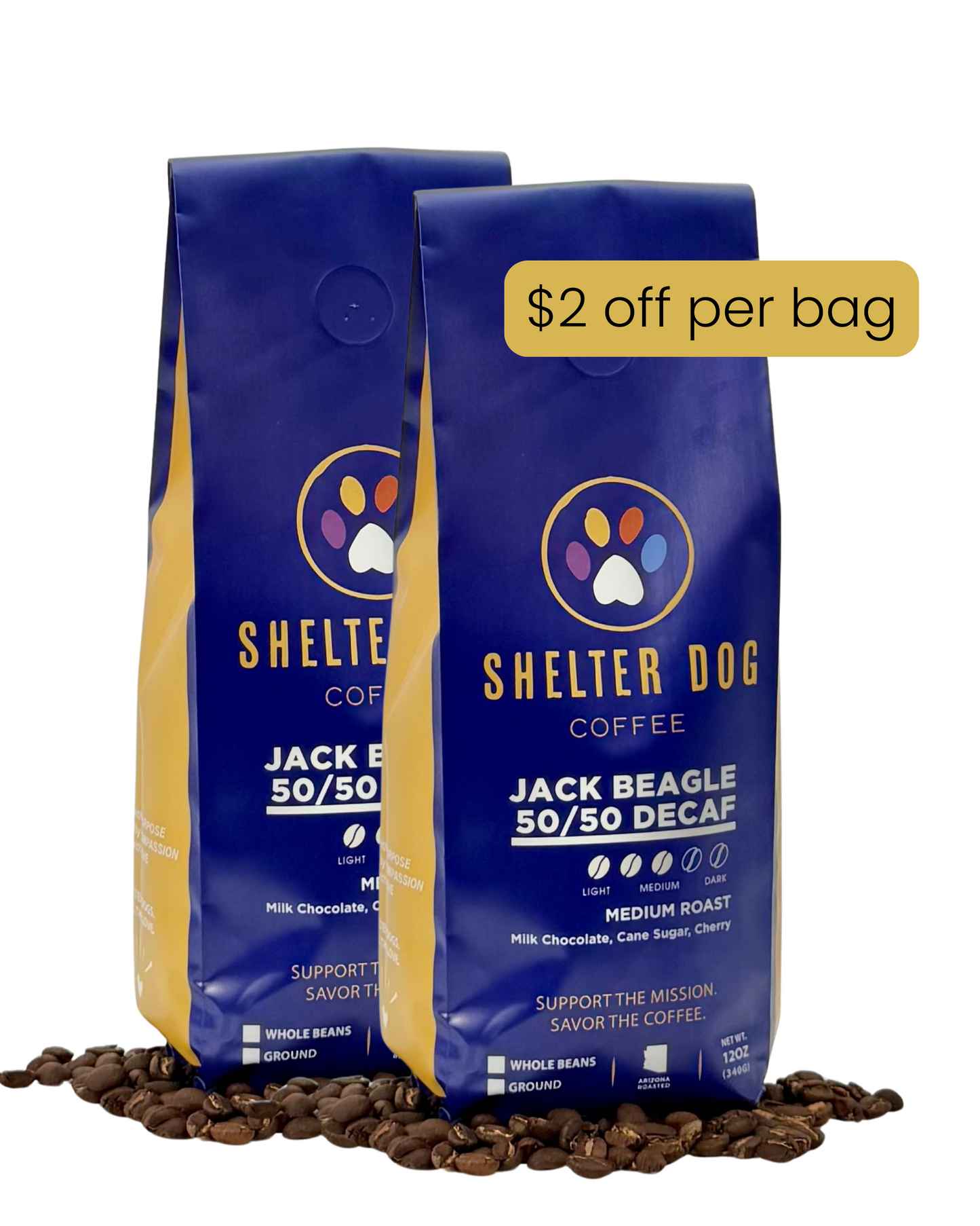 Two 12oz bags of JackBeagle 50/50 Decaf- a medium/dark roast blend of Colombia Decaf and Guatemala from Shelter Dog Coffee, showing $2 discount per bag with subscriptions.