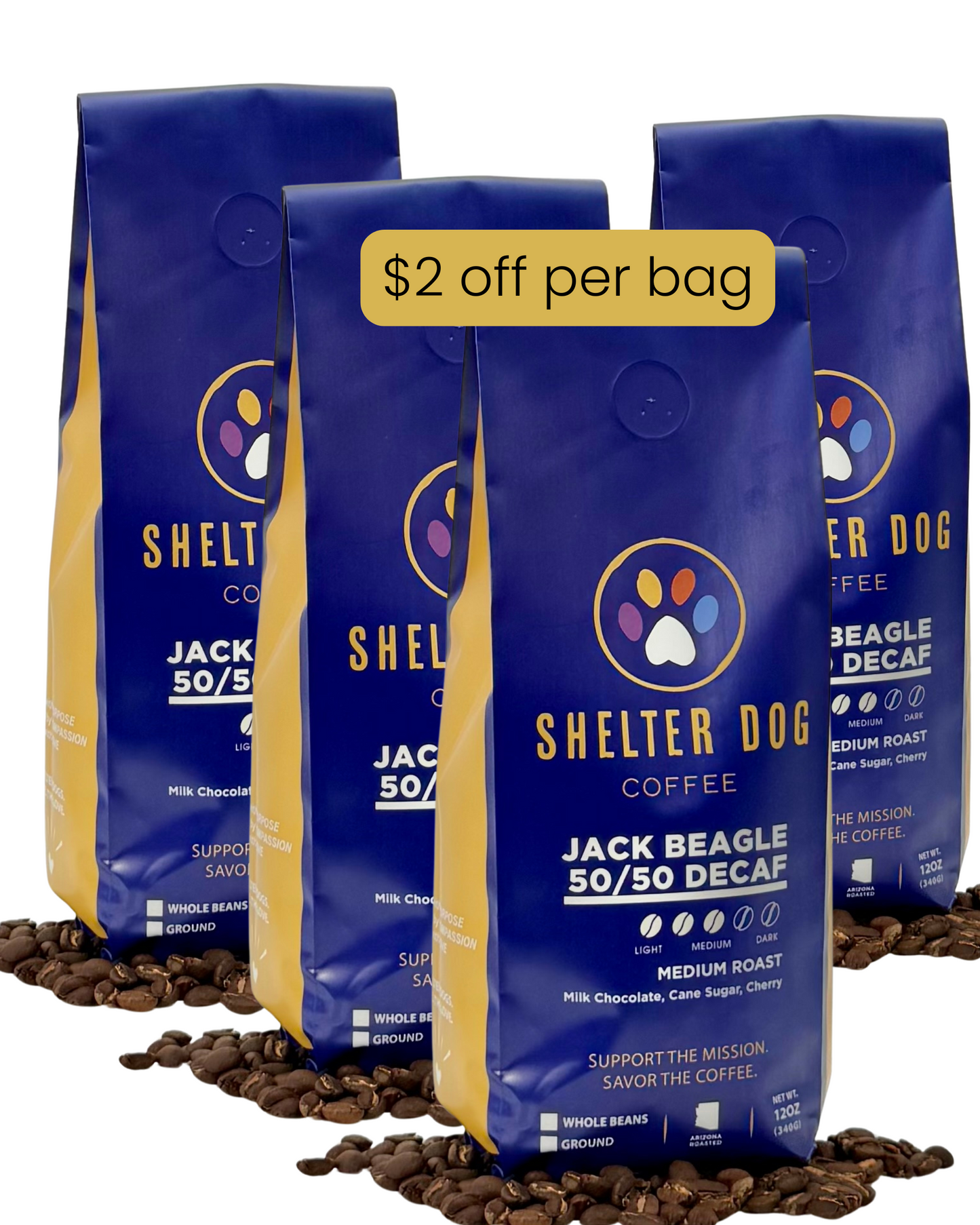 Four 12oz bags of JackBeagle 50/50 Decaf- a medium/dark roast blend of Colombia Decaf and Guatemala from Shelter Dog Coffee, showing $2 discount per bag with subscriptions.
