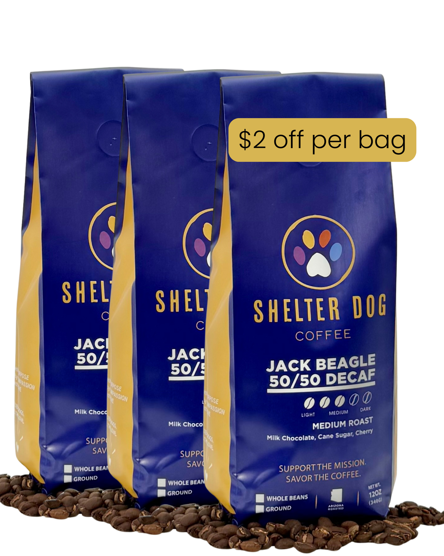 Three 12oz bags of JackBeagle 50/50 Decaf- a medium/dark roast blend of Colombia Decaf and Guatemala from Shelter Dog Coffee, showing $2 discount per bag with subscriptions.