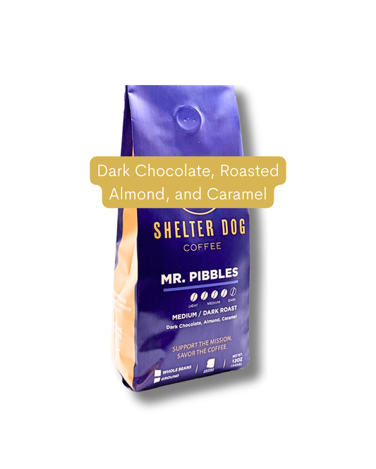 Shelter Dog Coffee bag labeled 'Mr. Pibbles' with flavor description on a white background
