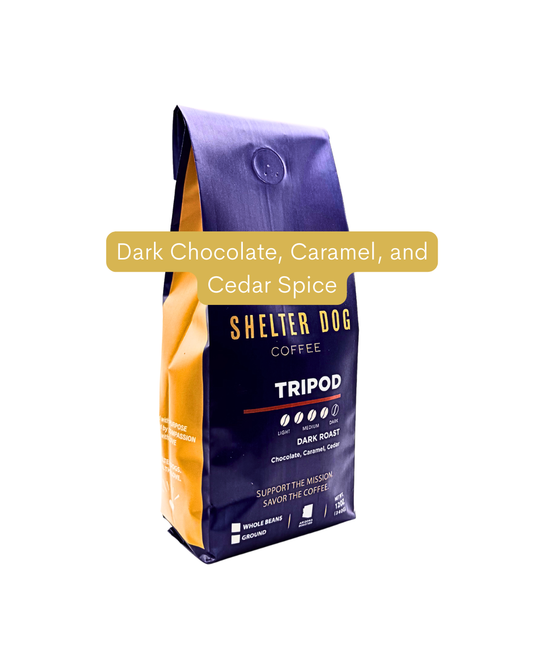 Shelter Dog Coffee bag with 'Tripod' flavor description on a white background