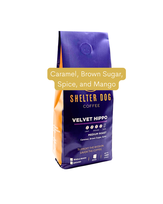 Purple coffee bag labeled 'Shelter Dog Coffee' with flavor description on a white background