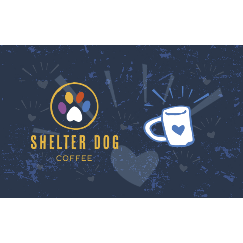 Shelter Dog Coffee logo with a mug and paw print on a dark blue background