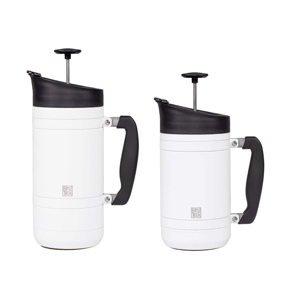 Two sizes of white French press coffee makers with black lids and handles on a white background