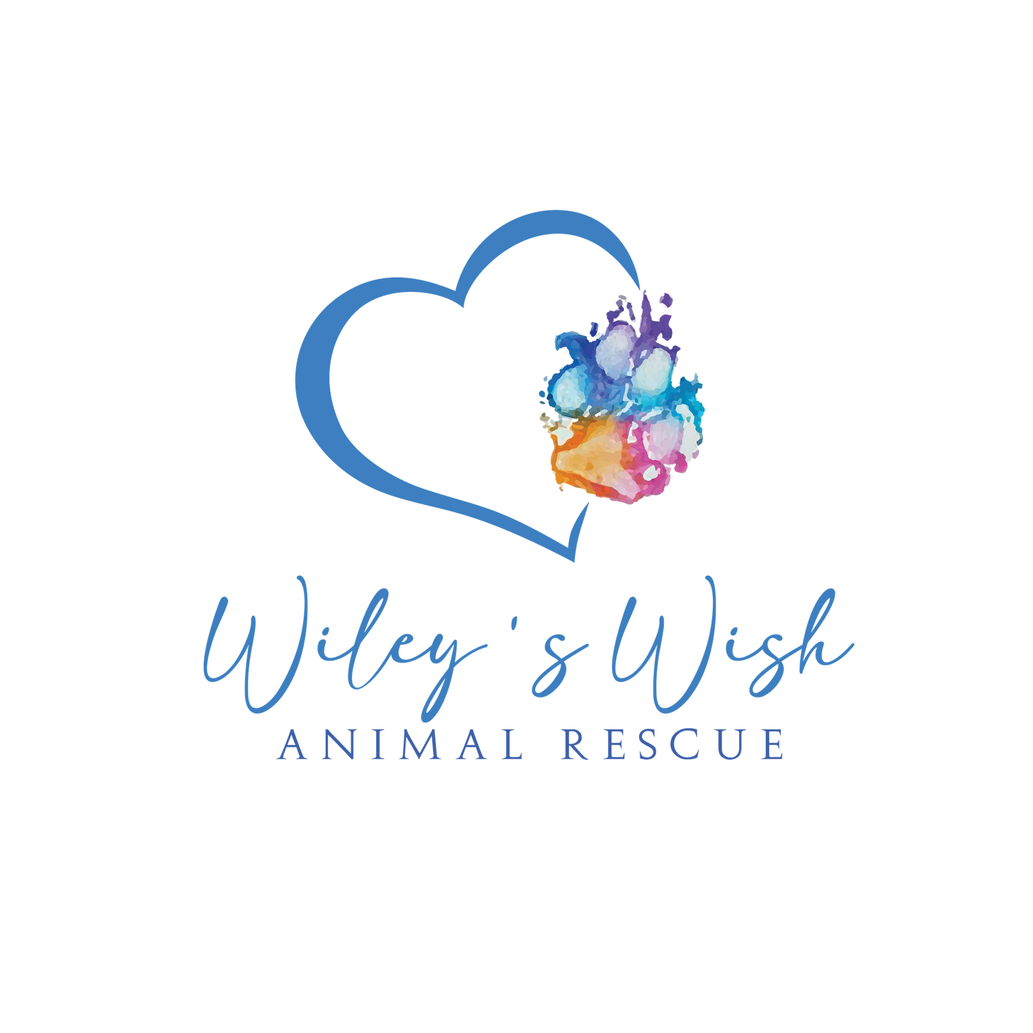 Logo of Wiley's Wish Animal Rescue with a heart and colorful paw print on a white background