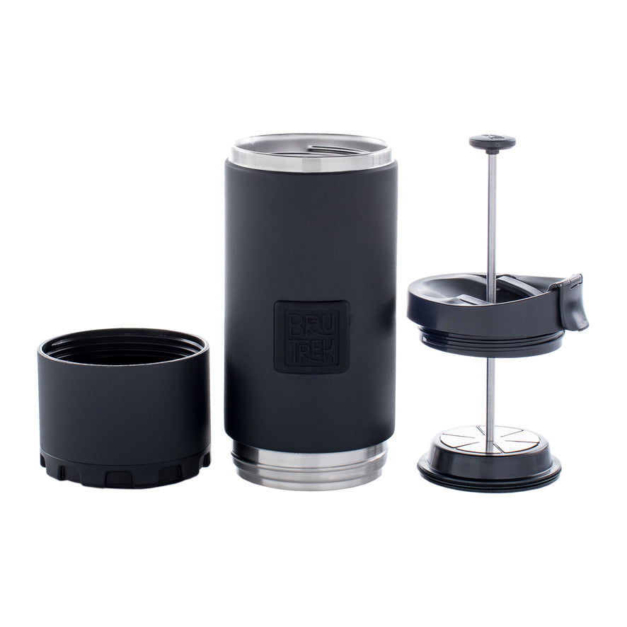 Black insulated French press coffee maker with silver base and lid, accompanied by a French press filter and components on a white background.