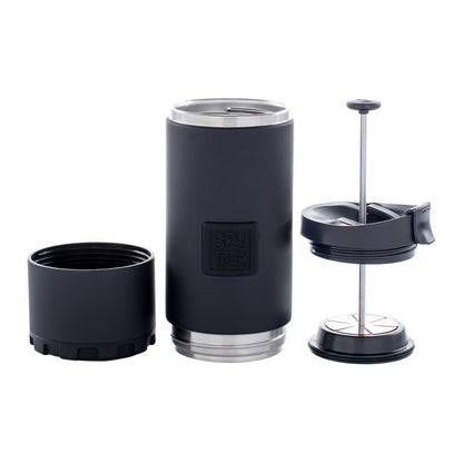 Black insulated French press coffee maker with silver base and lid, accompanied by a French press filter and components on a white background.