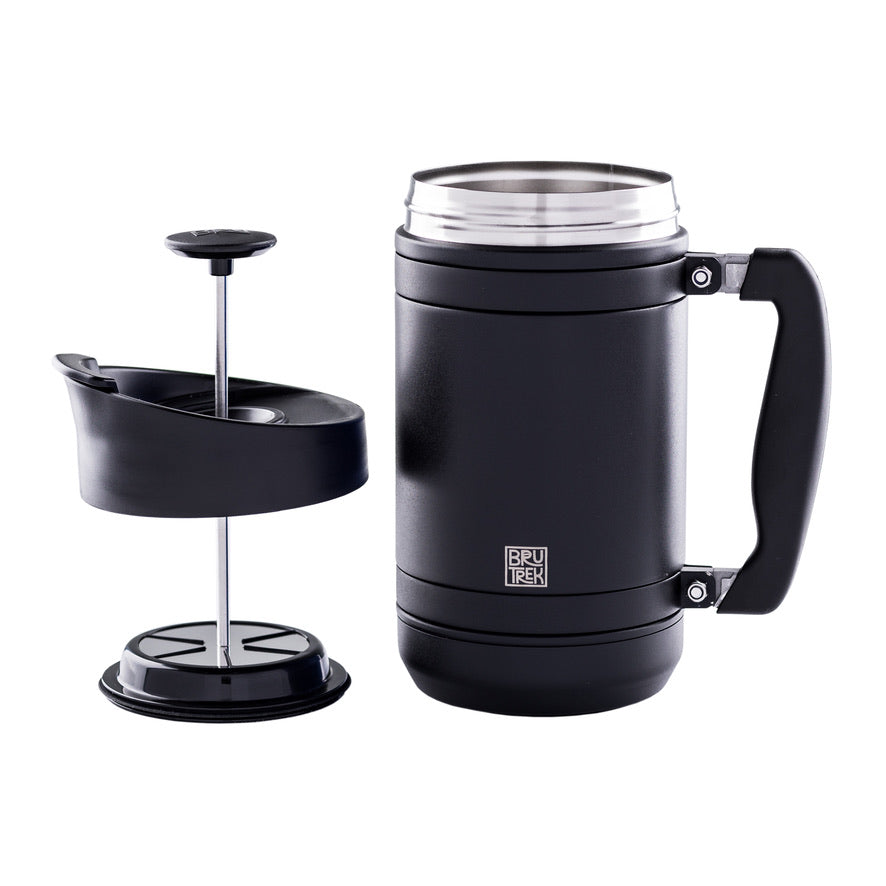 Black French press coffee maker on a white background