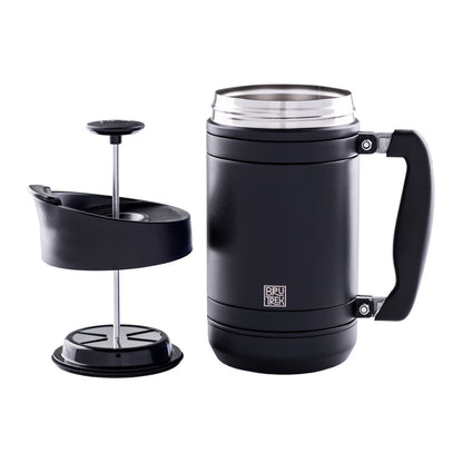 Black French press coffee maker on a white background