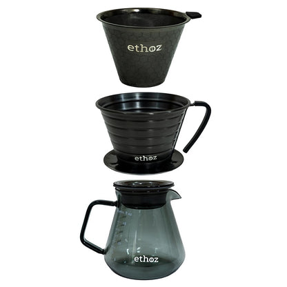 Set of black coffee filters for single cup Drip Coffee making with 'ethoz' branding on a white background