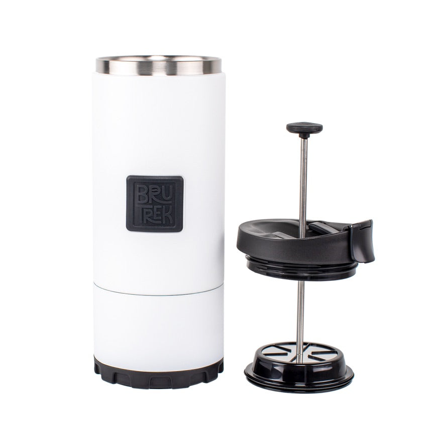 White French press coffee maker with black components on a white background