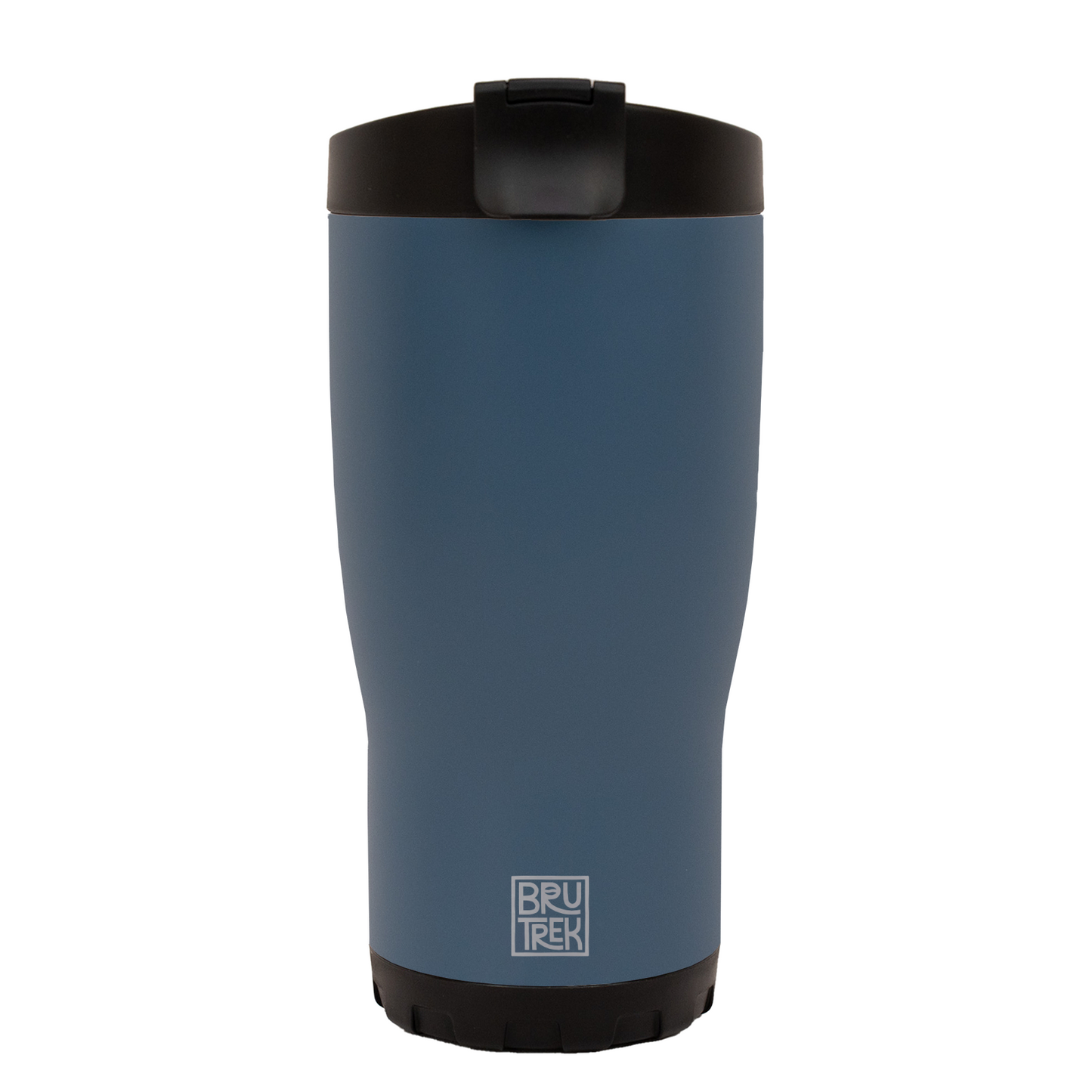 Blue insulated mug with black lid on a white background