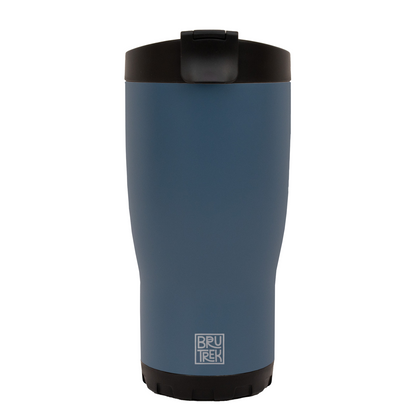 Blue insulated mug with black lid on a white background