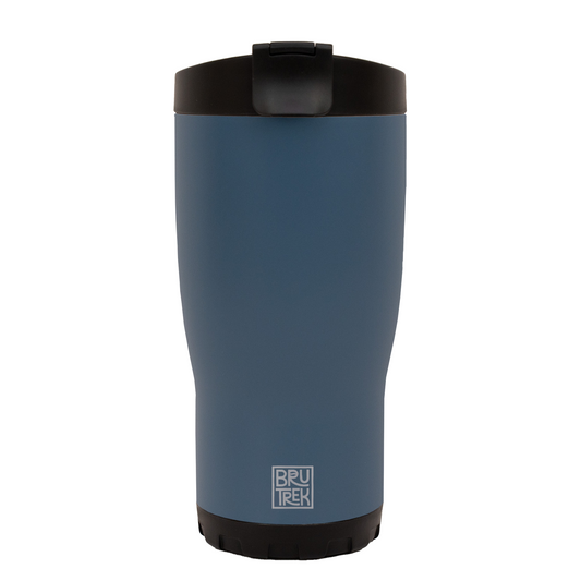 Blue insulated mug with black lid on a white background