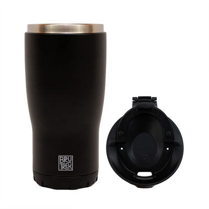Black insulated tumbler with lid on a white background, featuring the Bru Trek brand.