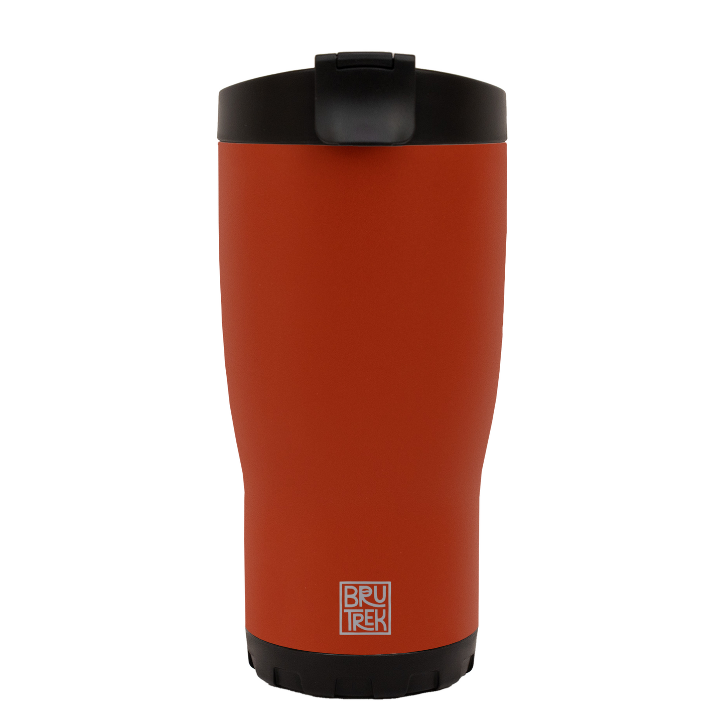 Orange-red travel mug with black lid on a white background