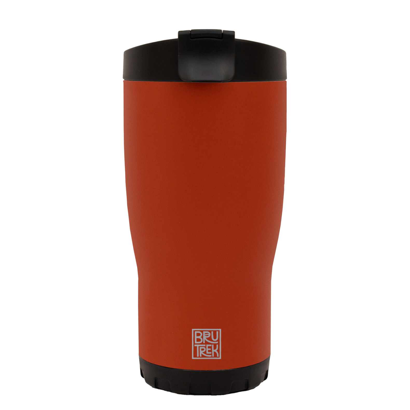 Orange-red travel mug with black lid on a white background