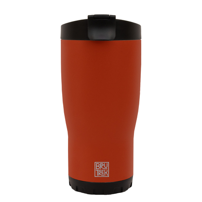 Orange-red travel mug with black lid on a white background