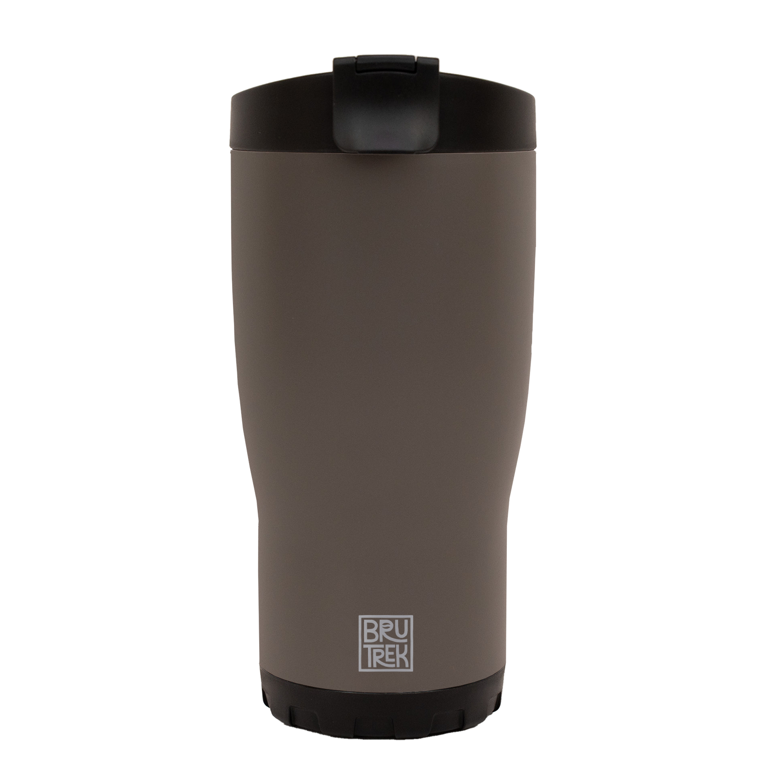 Brown-gray travel mug with black lid on a white background, featuring the Bru Trek logo.