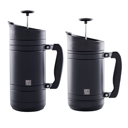 Two sizes of black travel French press coffee makers with a visible BruTrek logo on a white background