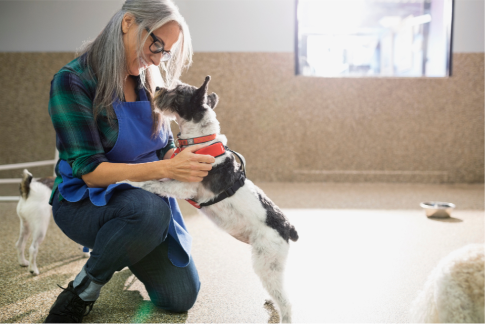 woman holding dog at shelter