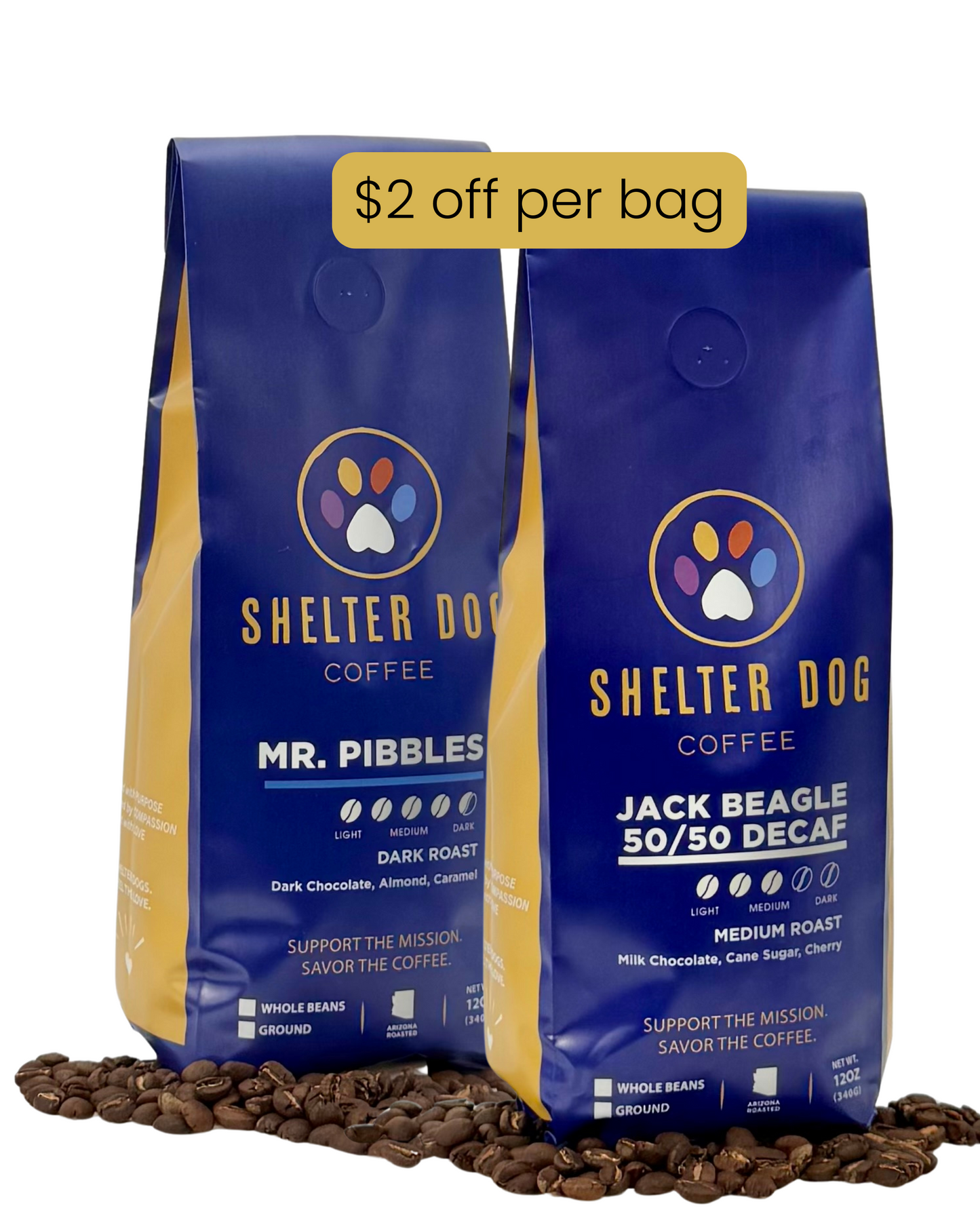 Two 12oz coffee bags; Mr. Pibbles and JackBeagle side by side, part of our Mix & Match subscription bundle