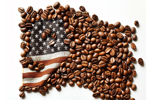 American flag made from coffee beans on a white background
