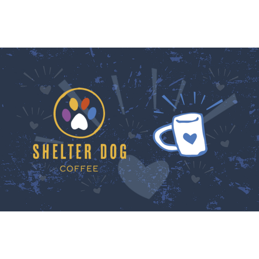 Shelter Dog Coffee logo with a mug and paw print on a dark blue background