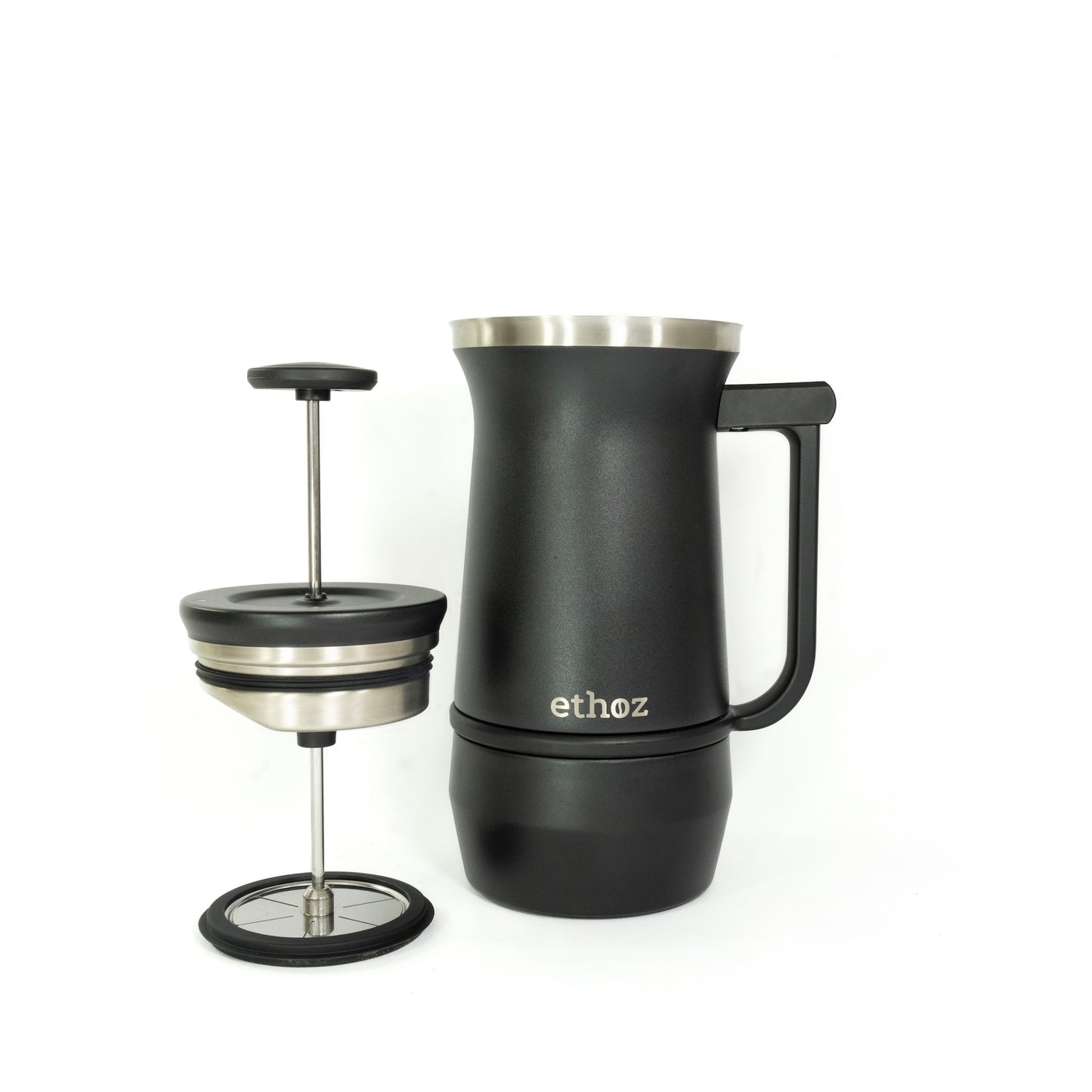 Black coffee press with 'ethoz' branding on a white background.