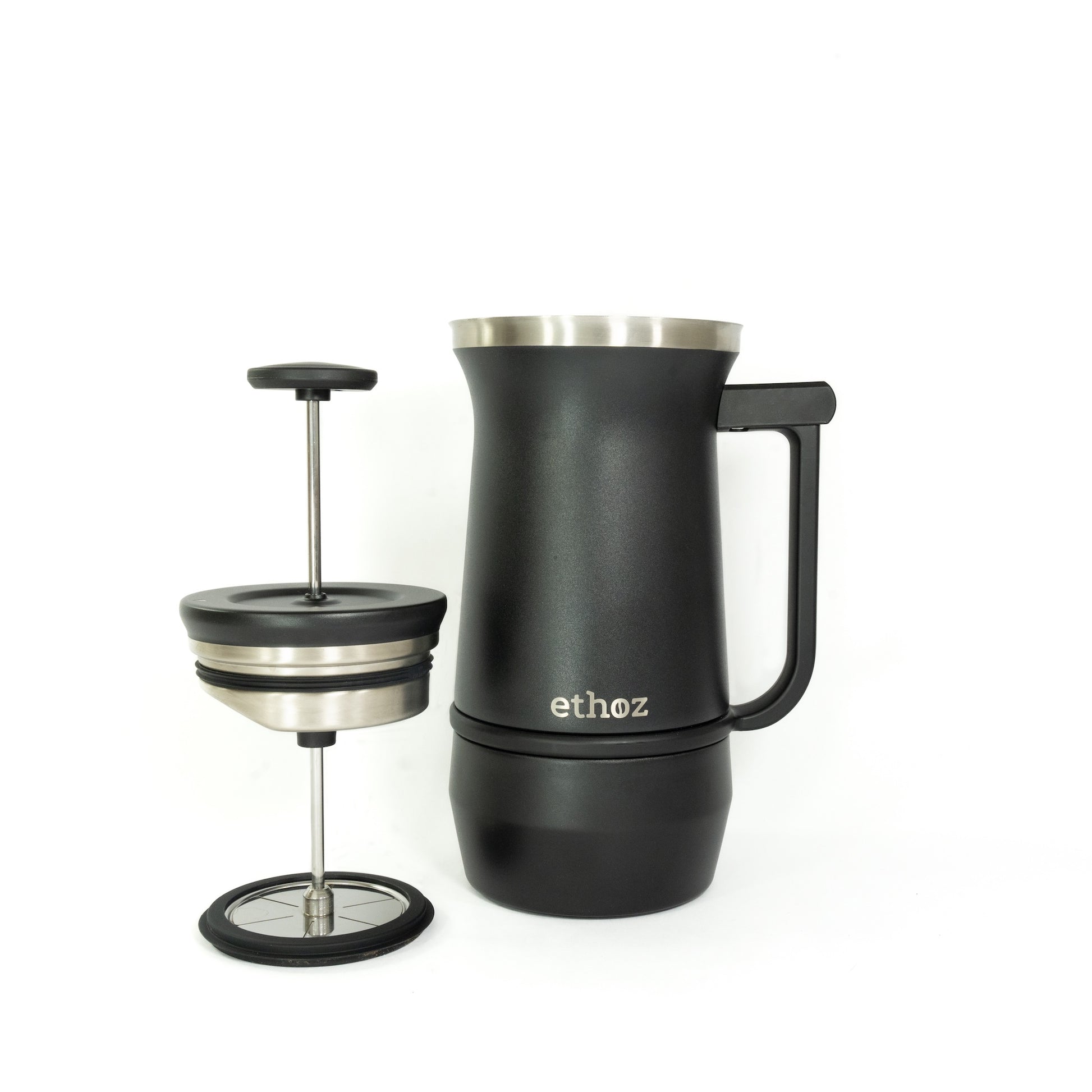 Black coffee press with 'ethoz' branding on a white background.