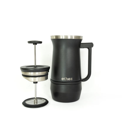 Black coffee press with 'ethoz' branding on a white background.