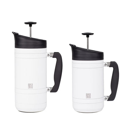 Two sizes of white French press coffee makers with black lids and handles on a white background
