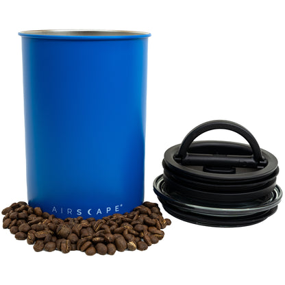 Blue airscape container with coffee and black lids on a white background