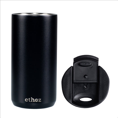 Black insulated tumbler with a lid on a white background, featuring the brand 'ethoz'.