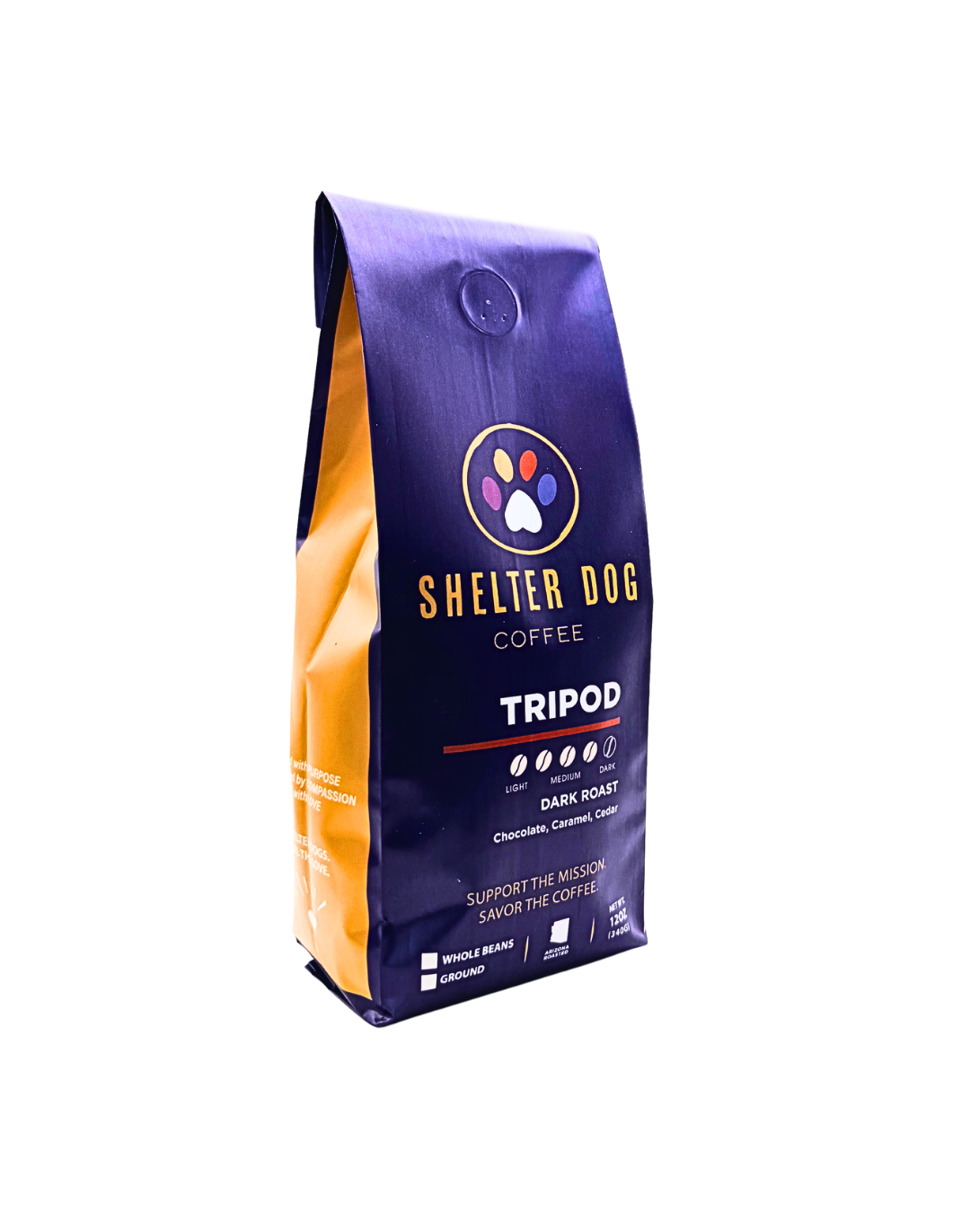Shelter Dog Coffee Tripod coffee bag on a white background